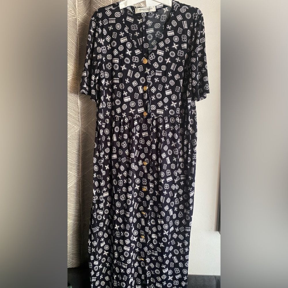 Marina Rinaldi Midi Dress Navy Women's Golden Sailor Buttons Viscose Sz 12